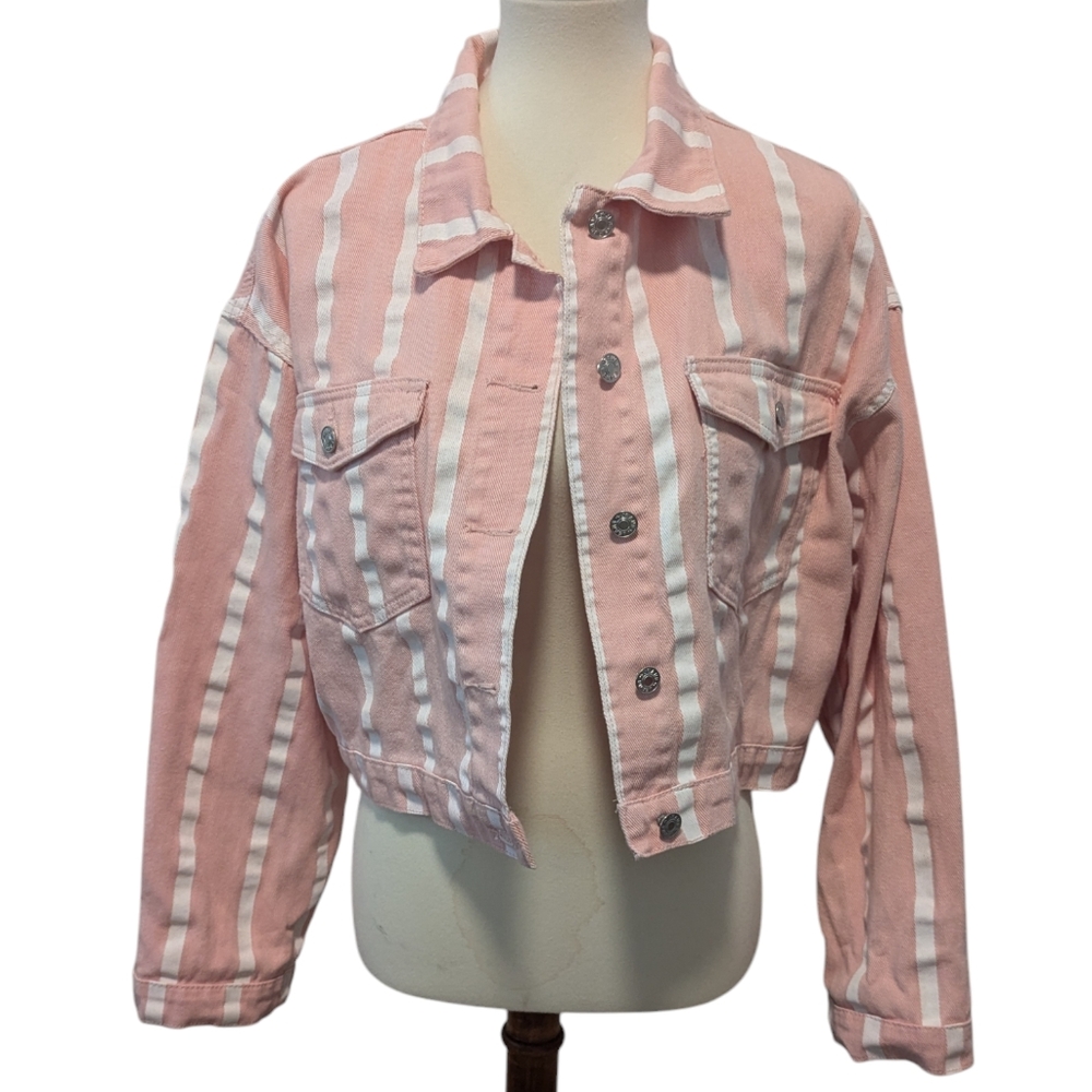 oversized denim cropped jacket, size S in pink with white strips